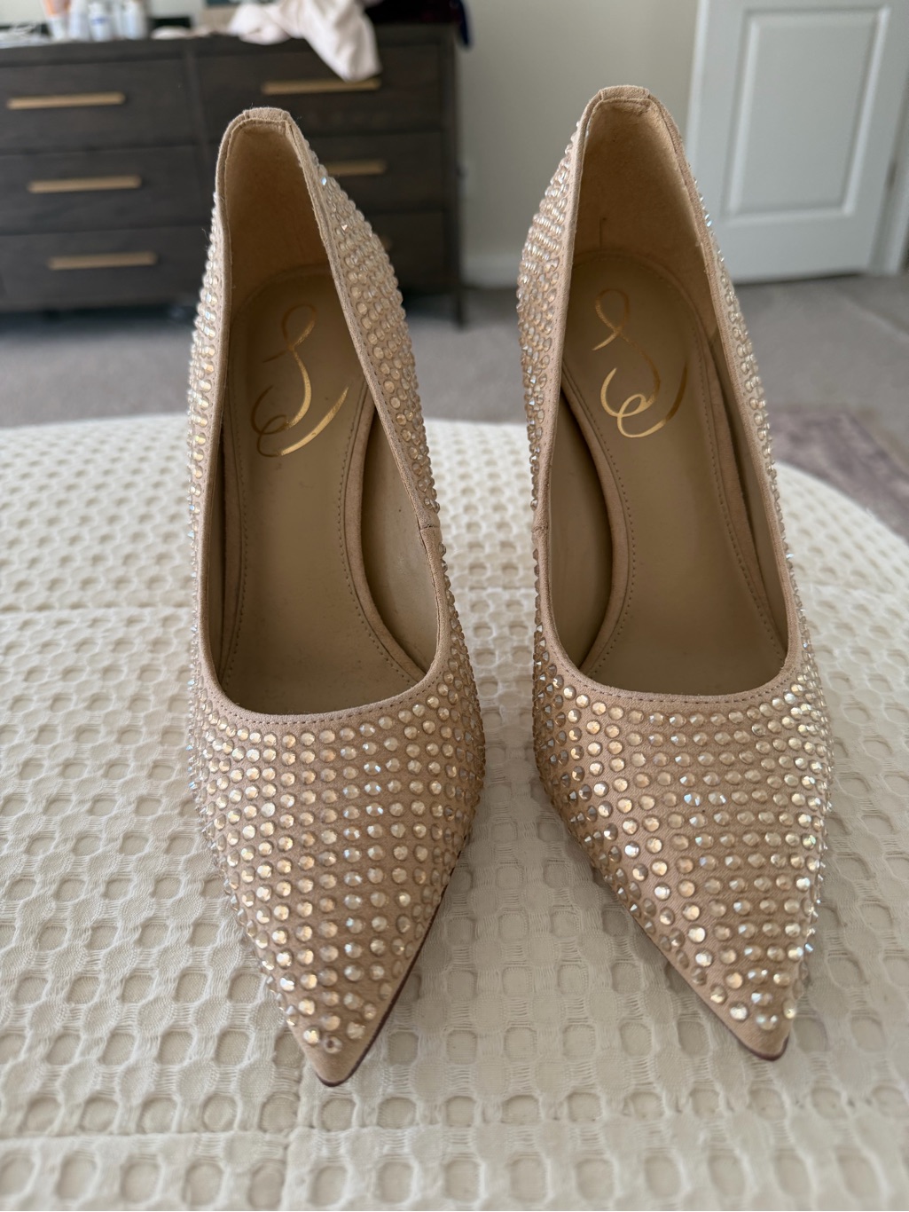 Sam Edelman Nude Rhinestone Pointed Toe Heels Crystal Pumps - Worn Once Size 6